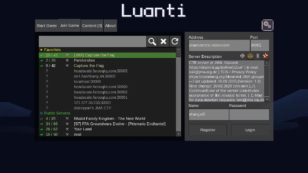 Showing server list in Luanti