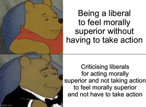 The top picture is regular Winnie the Pooh, with text next to it saying, "Being a liberal to feel morally superior without having to take action". Below it is Winnie in a tuxedo looking smug next to the text, "Criticising liberals for acting morally superior and not taking action to feel morally superior and not have to take action."